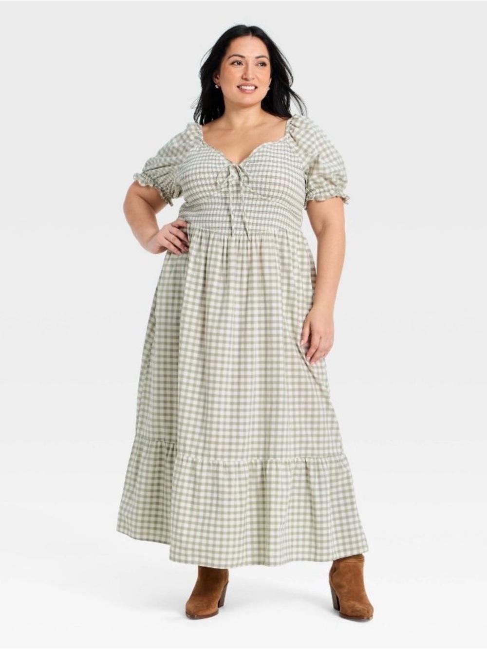Gingham Sweetheart Midi Dress in Sage Green